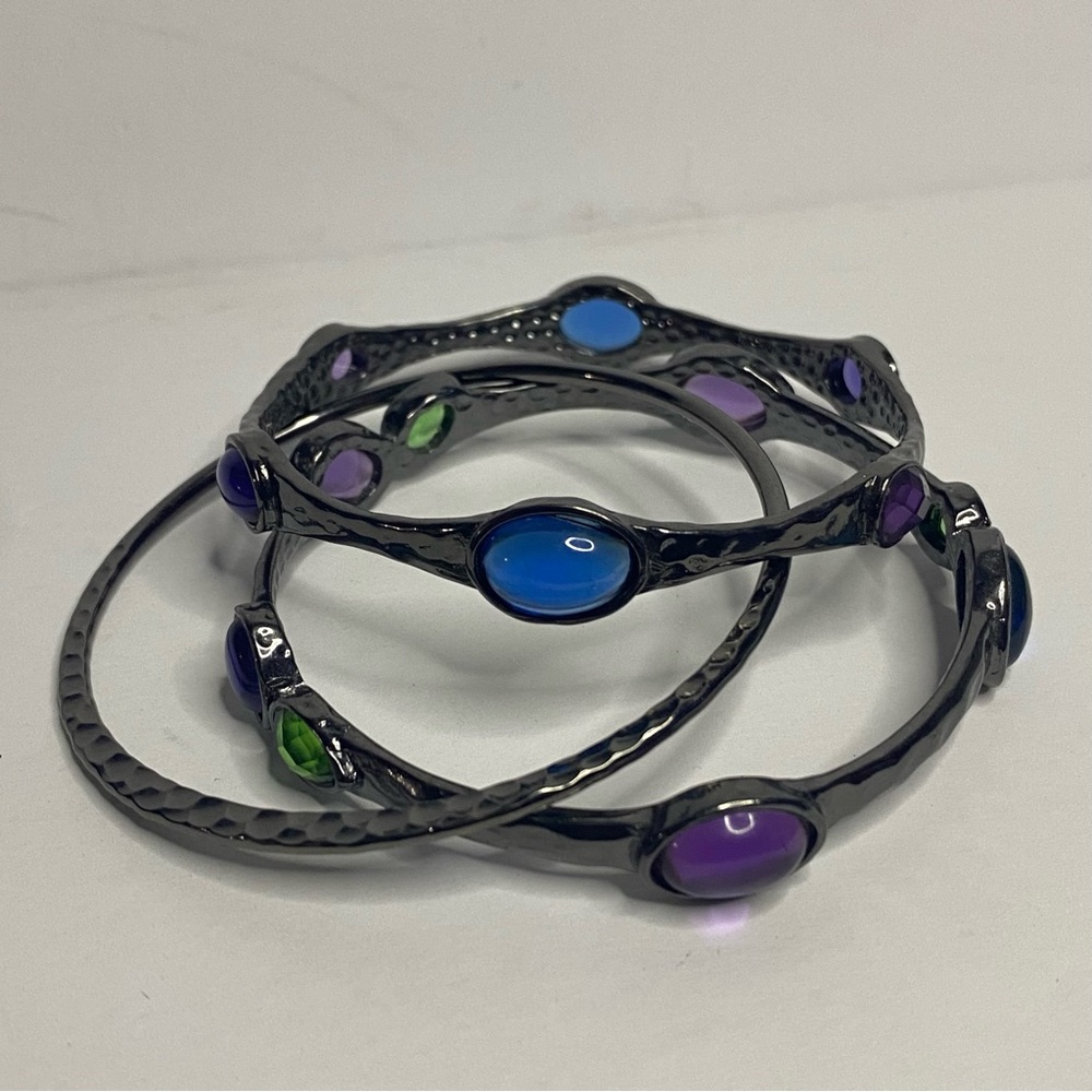Hammered Gunmetal Goth Stacked Cabochon Bangle Bracelets Set Purple Blue Green